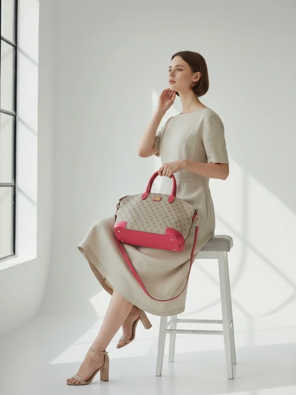 Dooney & Bourke Signature monogram satchel features vibrant pink leather trim